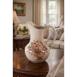 Vintage Belk Floral Ceramic Pitcher Rose Urn Design Cream Vase Handle